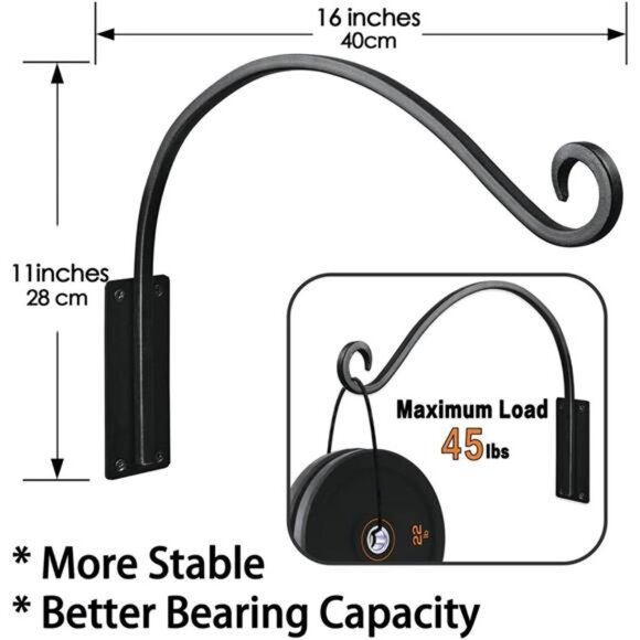 Heavy Duty Plant Hanger Bracket (16"/Black) Outdoor Hand-Forged Hanging Plant - Picture 2 of 7